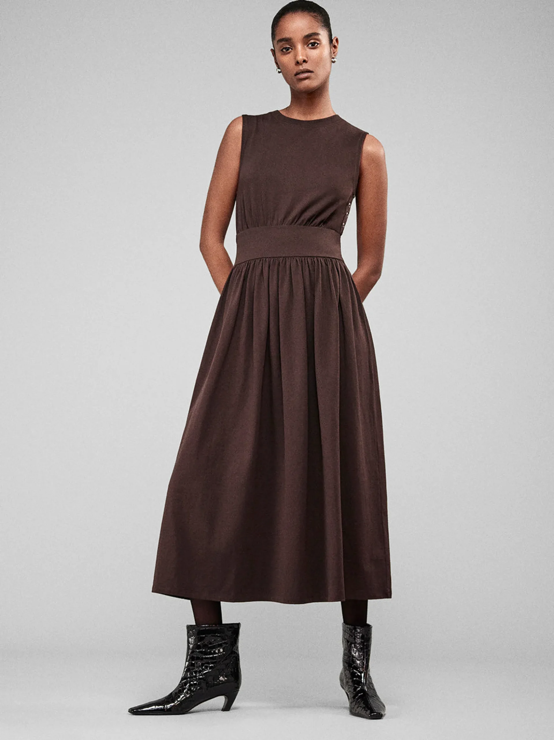 Banded Jersey Button Dress in Chocolate Brown