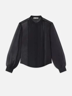 Beaded Collarless Blouse in Black