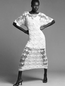 Beaded Crochet Dress in Off White