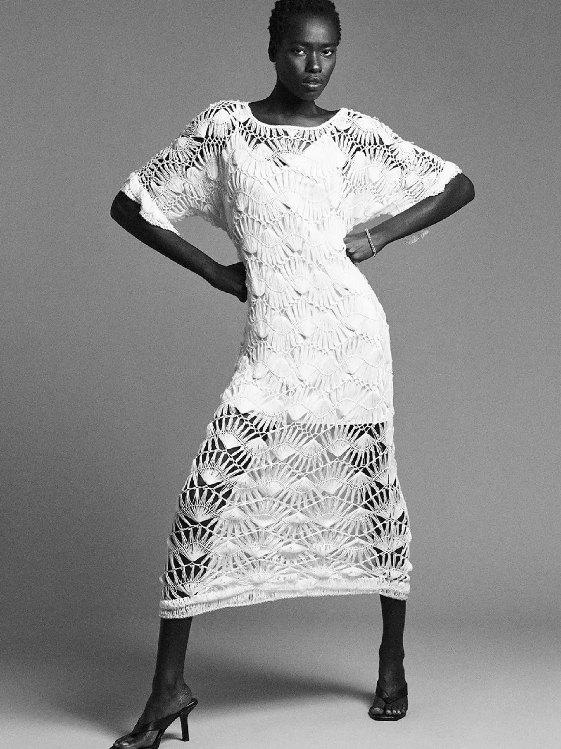 Beaded Crochet Dress in Off White