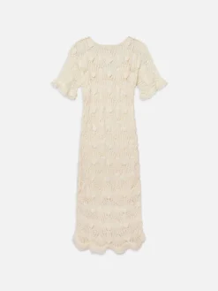 Beaded Crochet Dress in Off White