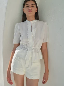 Cinched Lace Trim Blouse in Cream