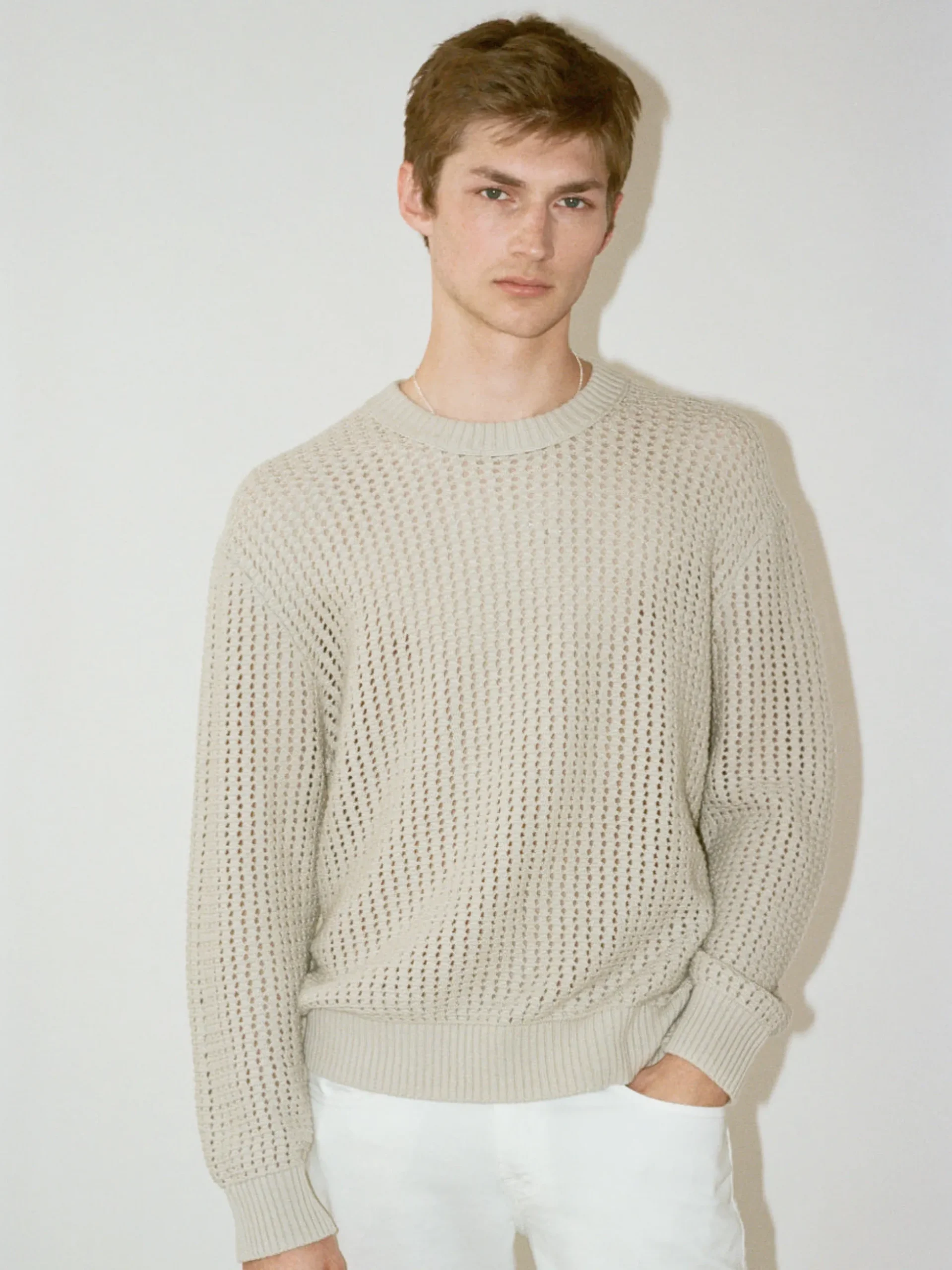 Cotton Blend Crewneck Sweater in Mineral Grey