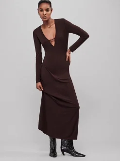 Deep V Jersey Dress in Chocolate Brown