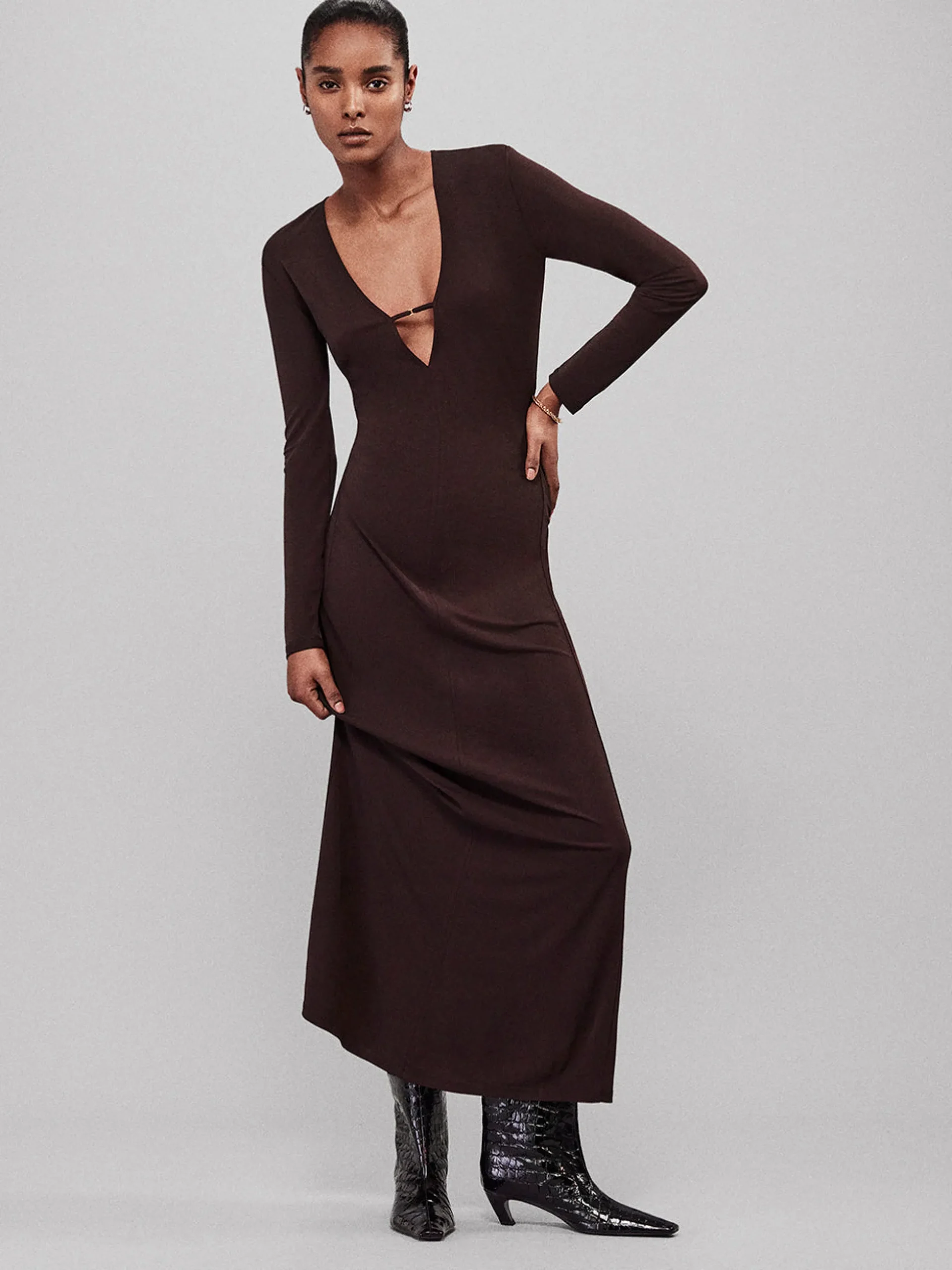 Deep V Jersey Dress in Chocolate Brown