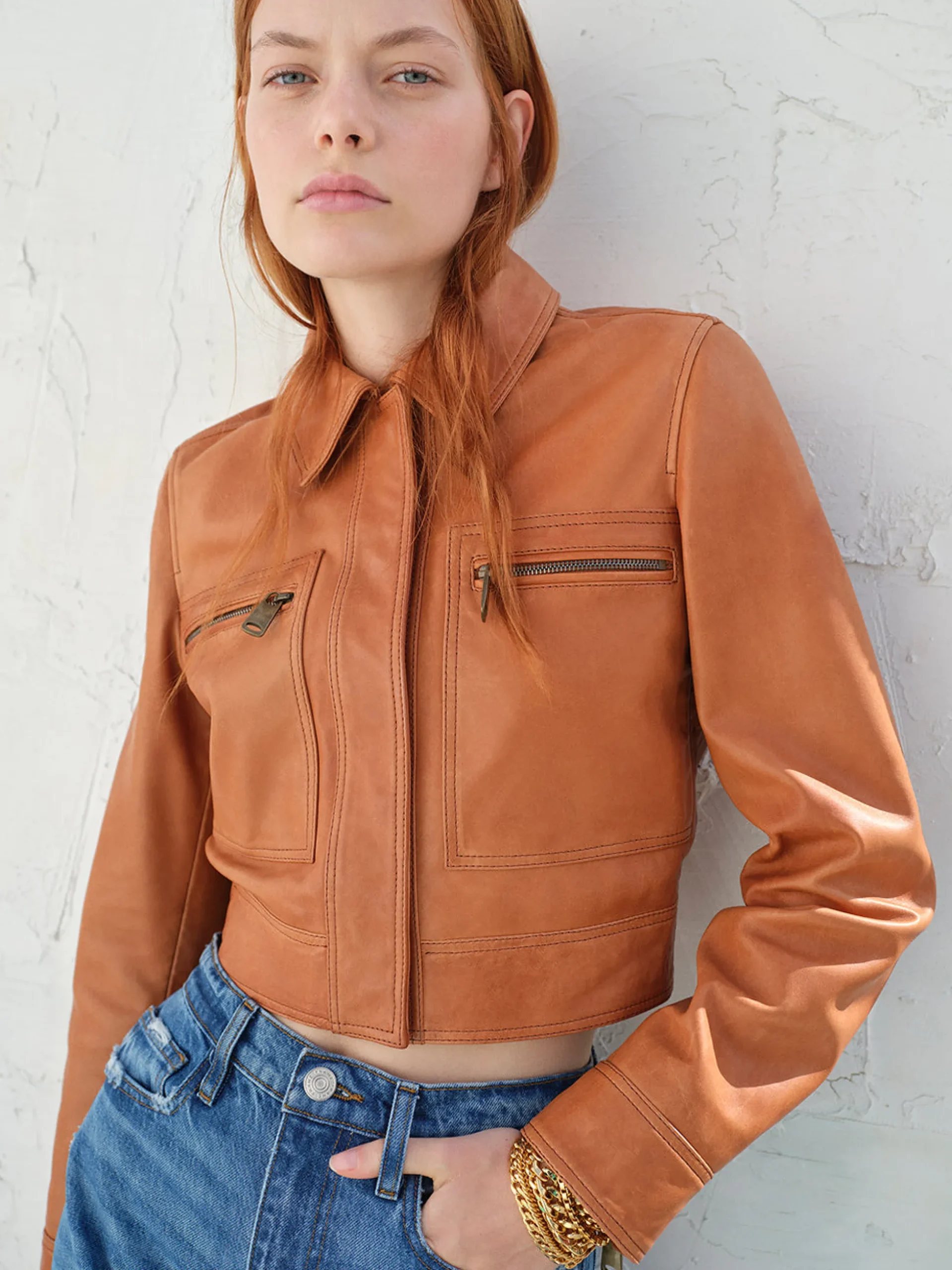 Fitted Leather Moto Jacket in Light Whiskey