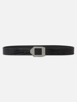 Geometric Buckle Belt in Black Croc