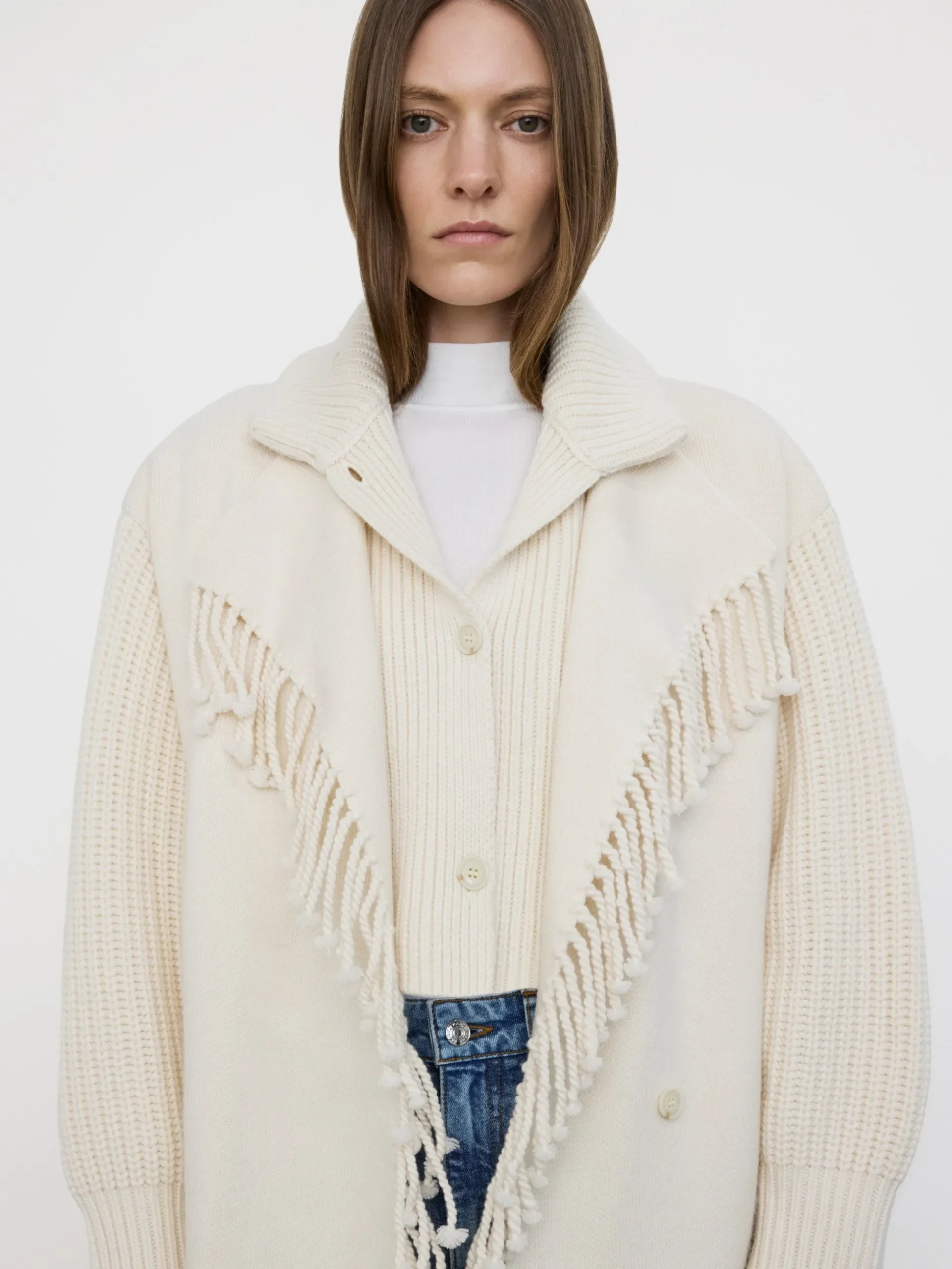 Jacquard Fringe Coat in Stone