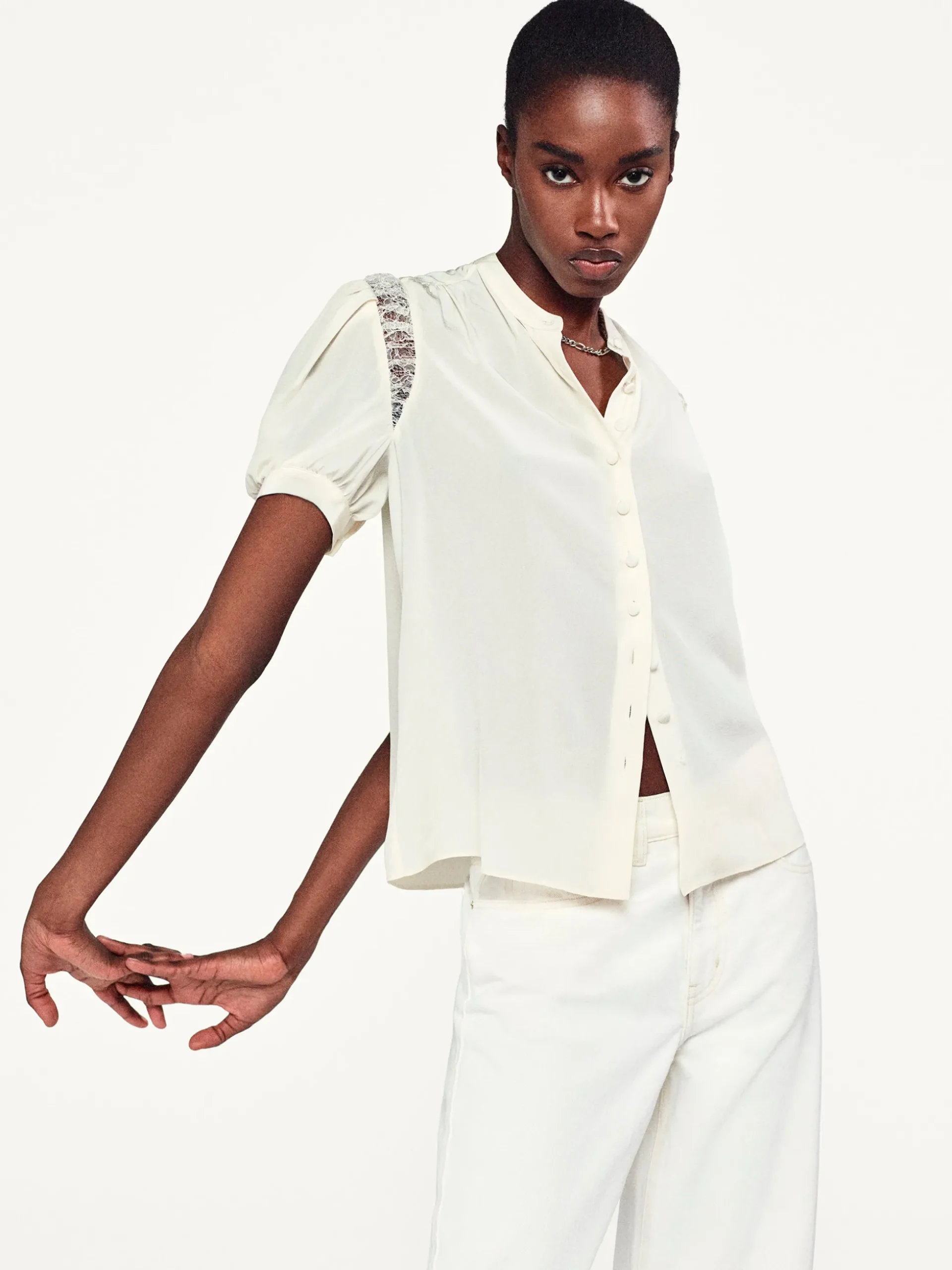 Lace Shoulder Inset Blouse in Cream