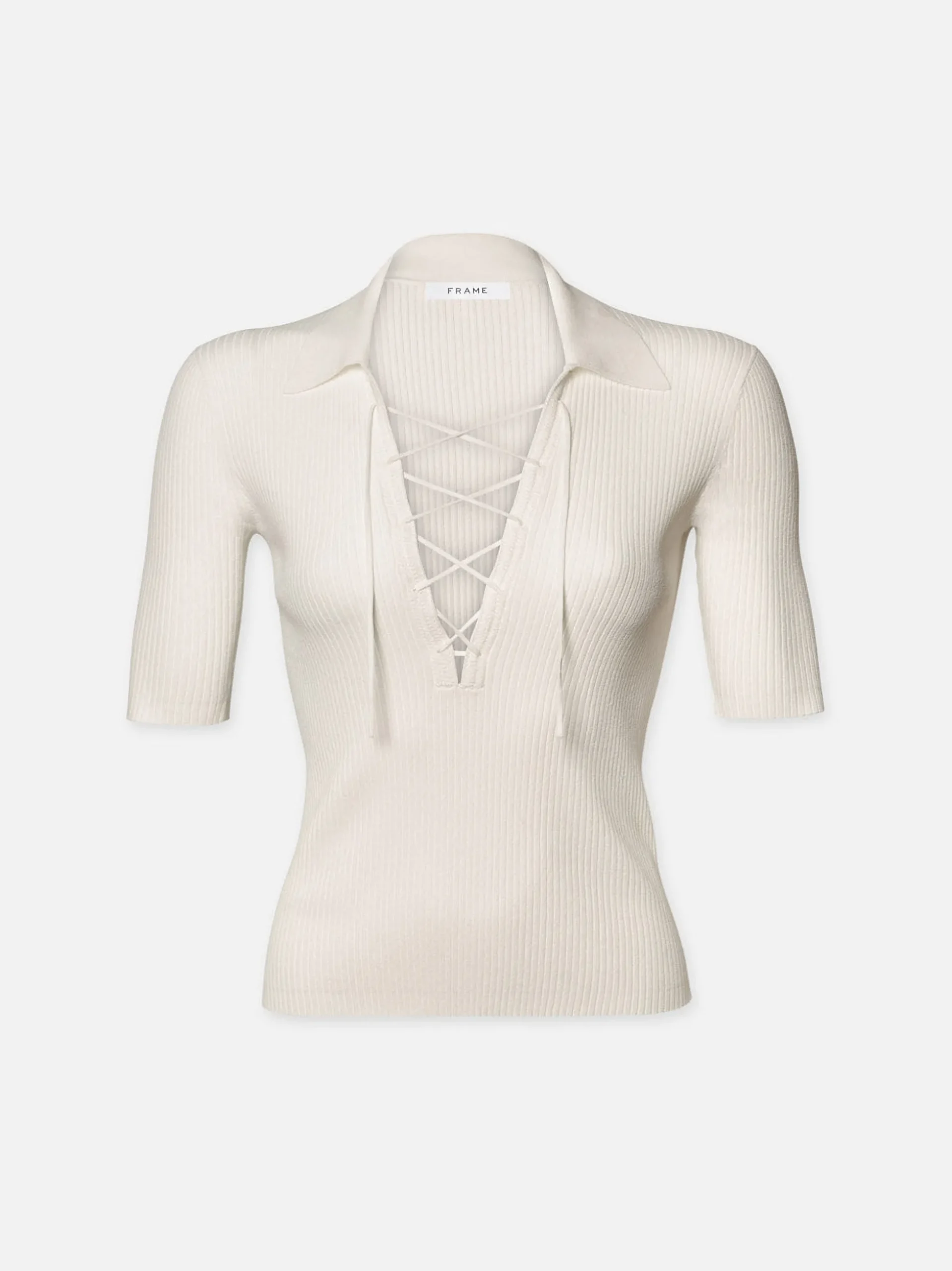 Lace Up Sweater Polo in Off White
