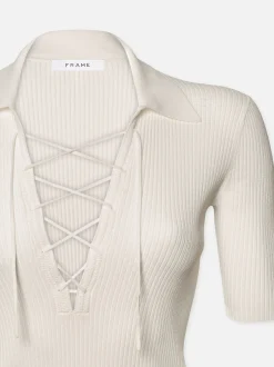 Lace Up Sweater Polo in Off White