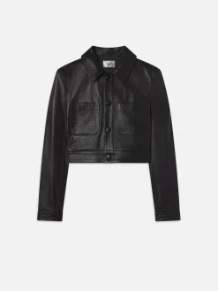 Leather Button Front Jacket in Black