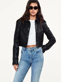 Leather Button Front Jacket in Black