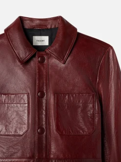 Leather Button Front Jacket in Syrah Red