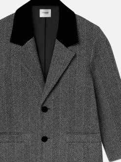 Long Herringbone Coat in Black Multi