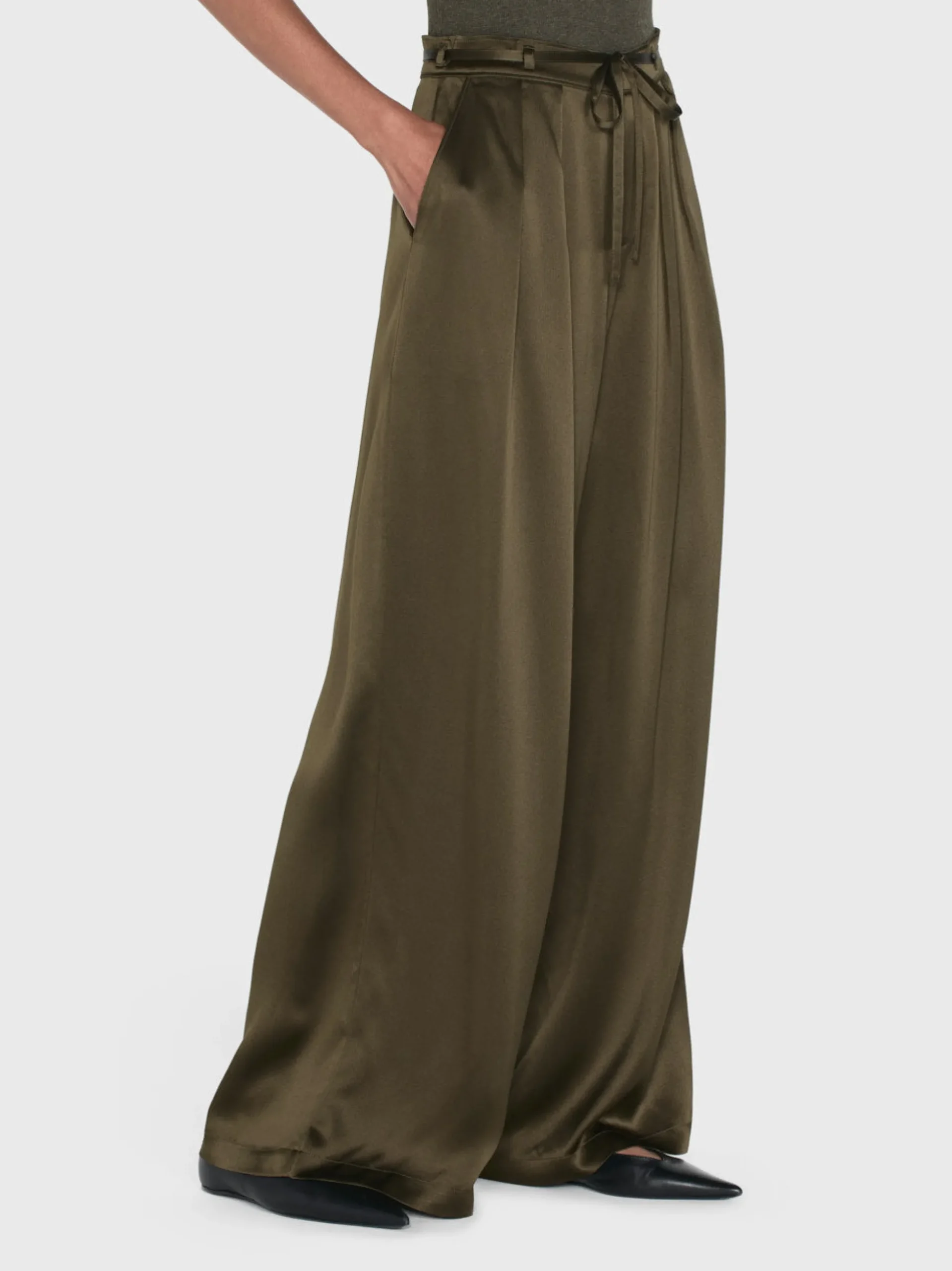 Long Silk Trouser in Rich Military