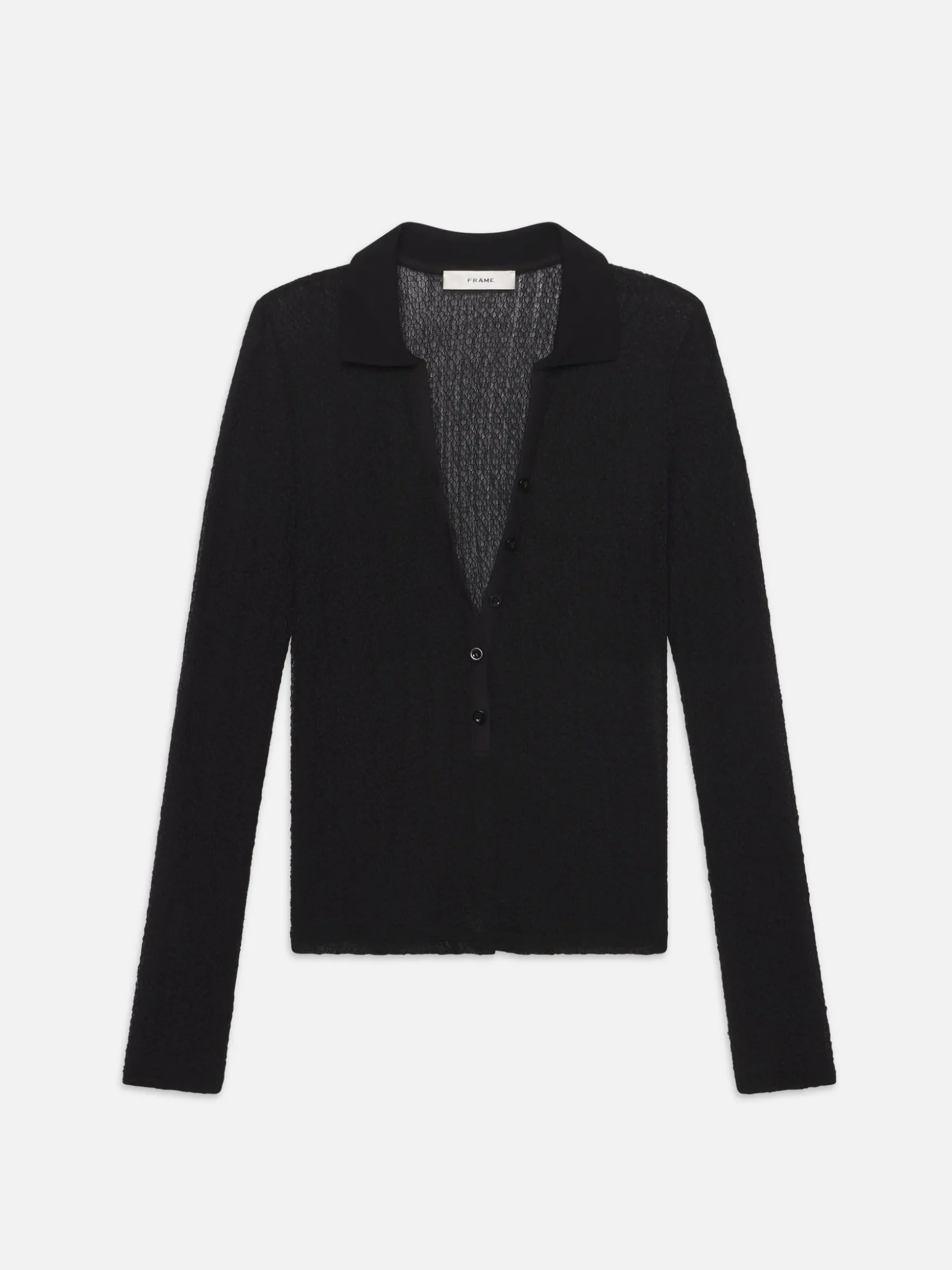 Mesh Lace Long Sleeve Polo in Black