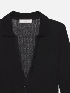 Mesh Lace Long Sleeve Polo in Black