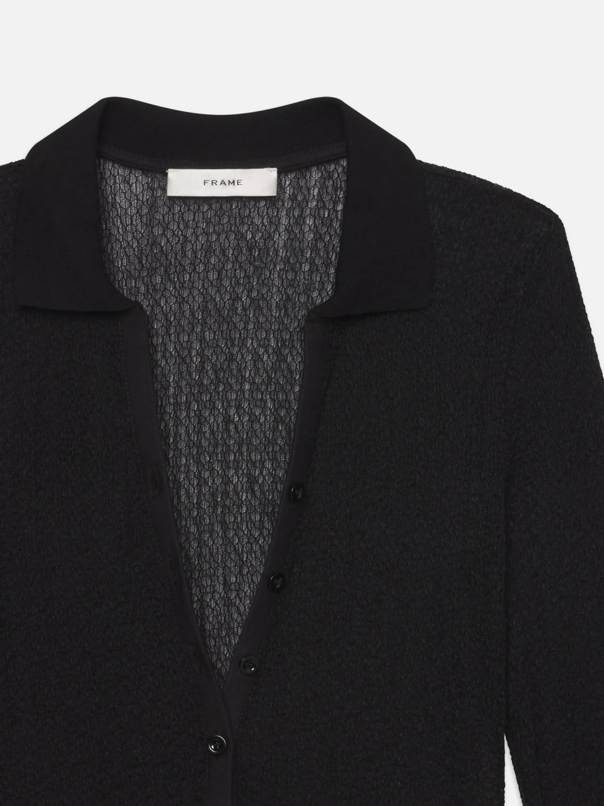 Mesh Lace Long Sleeve Polo in Black