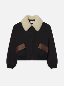 Mixed Leather Bomber in Black