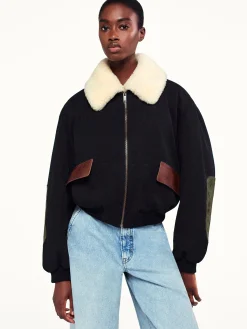 Mixed Leather Bomber in Black