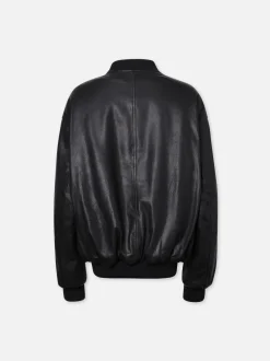 Oversized Leather Bomber in Black