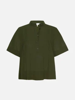 Pleated Button Up Blouse in Military