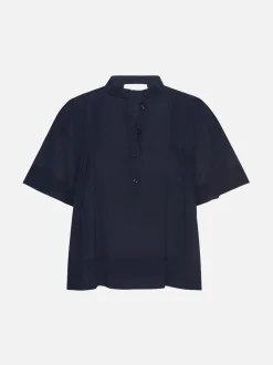 Pleated Button Up Blouse in Navy