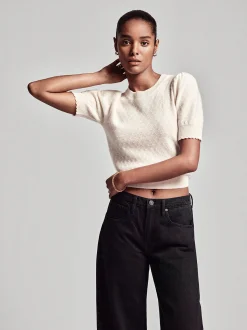 Pointelle Puff Sleeve Sweater in Cream
