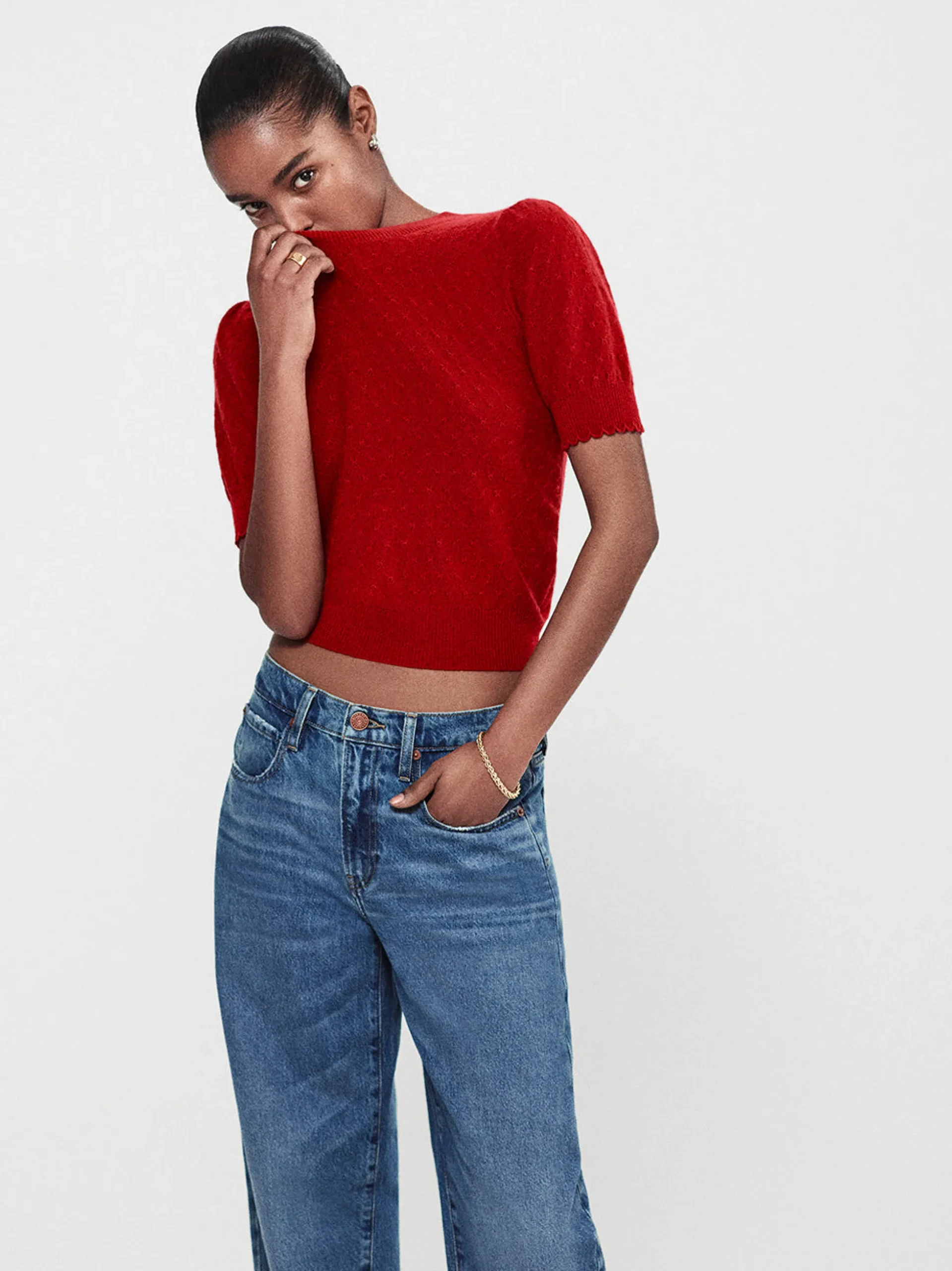 Pointelle Puff Sleeve Sweater in Paprika