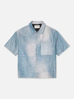 Printed Denim Leather Shirt in Indigo
