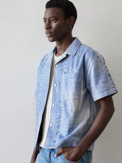 Printed Denim Leather Shirt in Indigo