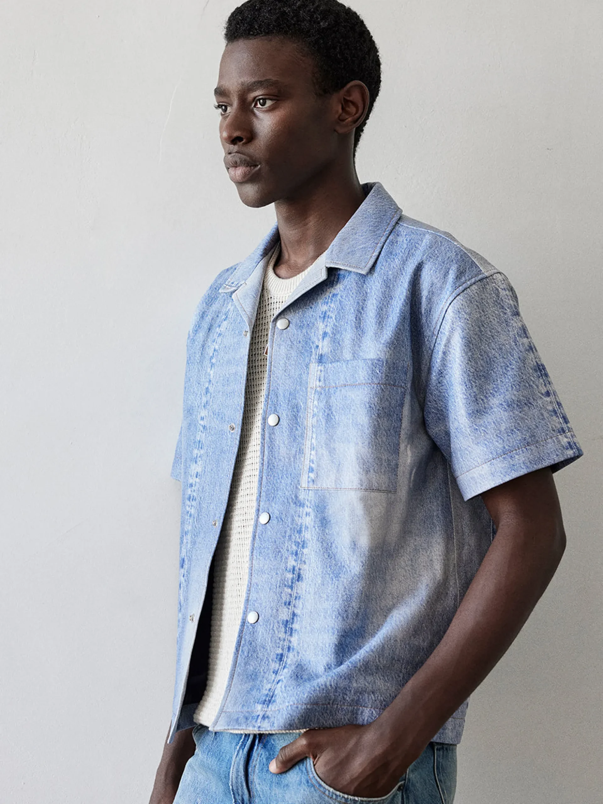 Printed Denim Leather Shirt in Indigo