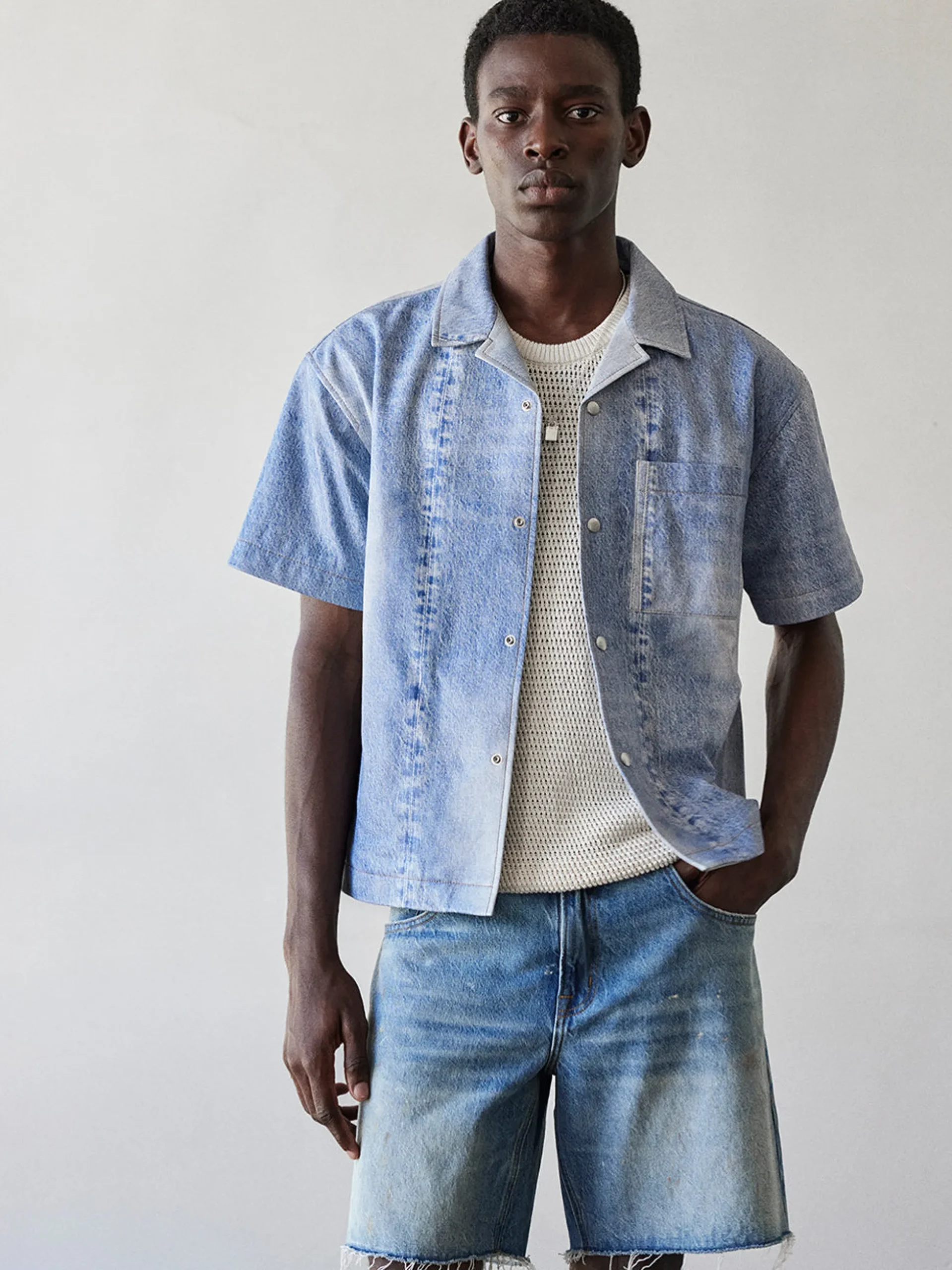 Printed Denim Leather Shirt in Indigo