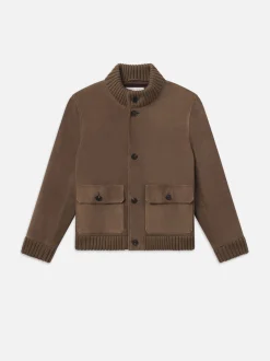 Rib Collar Suede Bomber in Soft Mocha