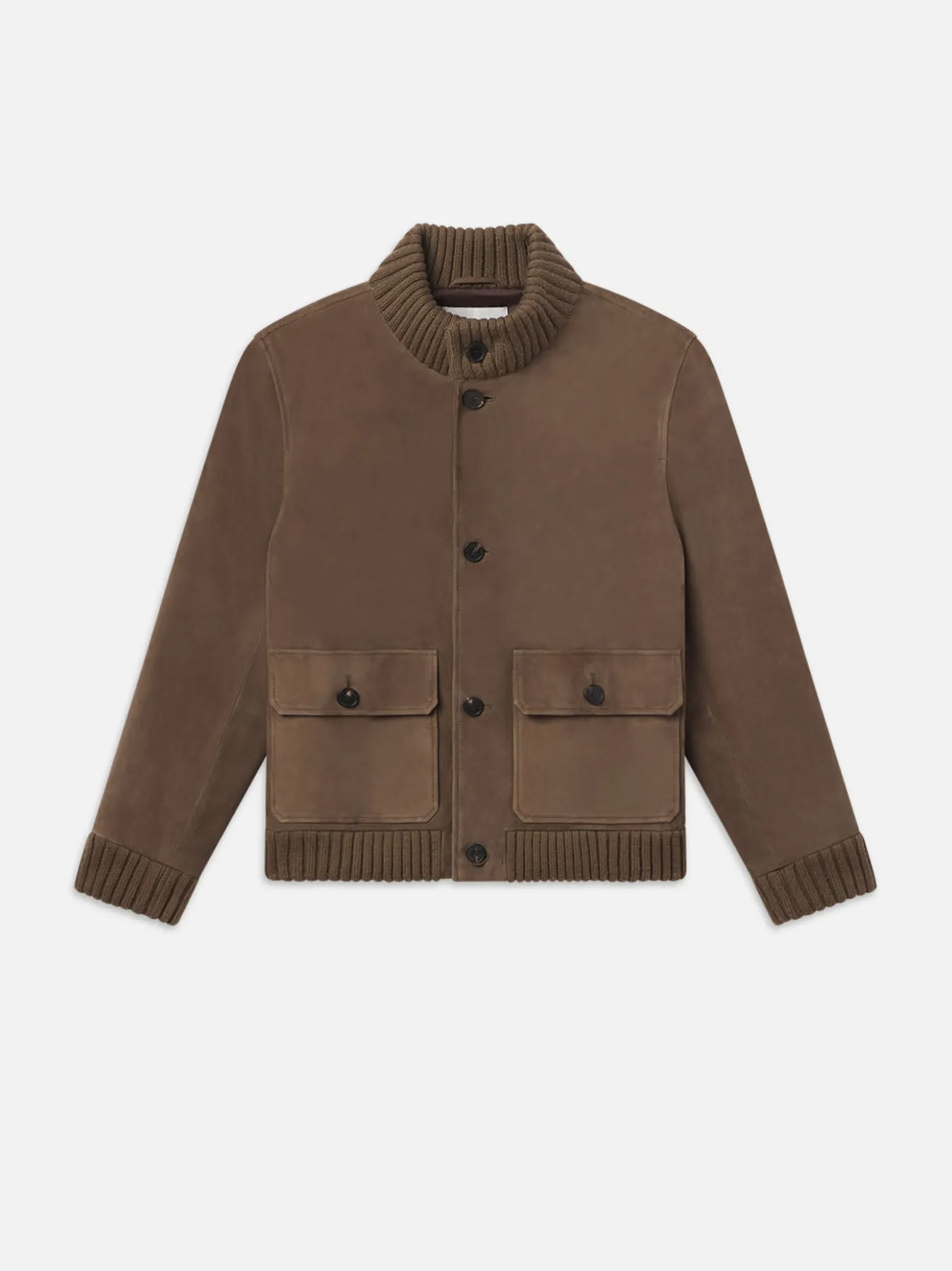 Rib Collar Suede Bomber in Soft Mocha
