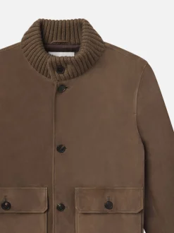 Rib Collar Suede Bomber in Soft Mocha