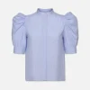 Ruched Puff Sleeve Shirt in Chambray Blue