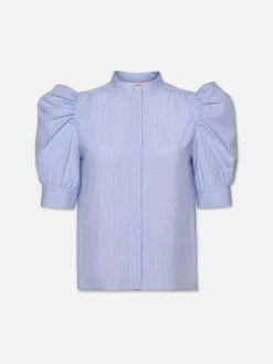 Ruched Puff Sleeve Shirt in Chambray Blue