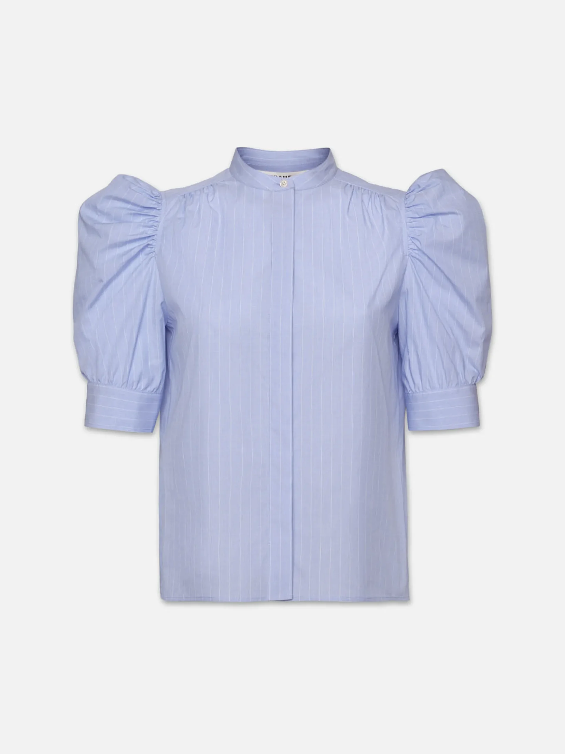 Ruched Puff Sleeve Shirt in Chambray Blue