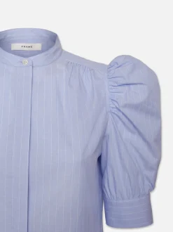 Ruched Puff Sleeve Shirt in Chambray Blue