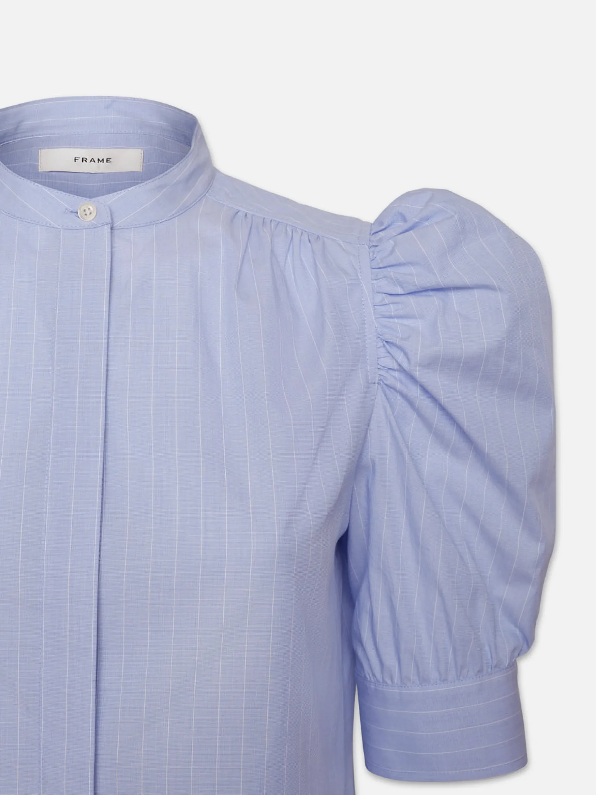 Ruched Puff Sleeve Shirt in Chambray Blue
