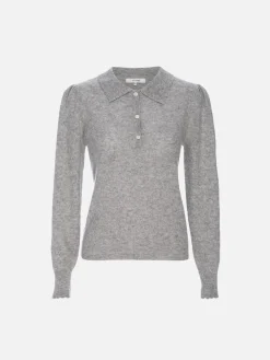 Scallop Polo Sweater in Light Heather Grey
