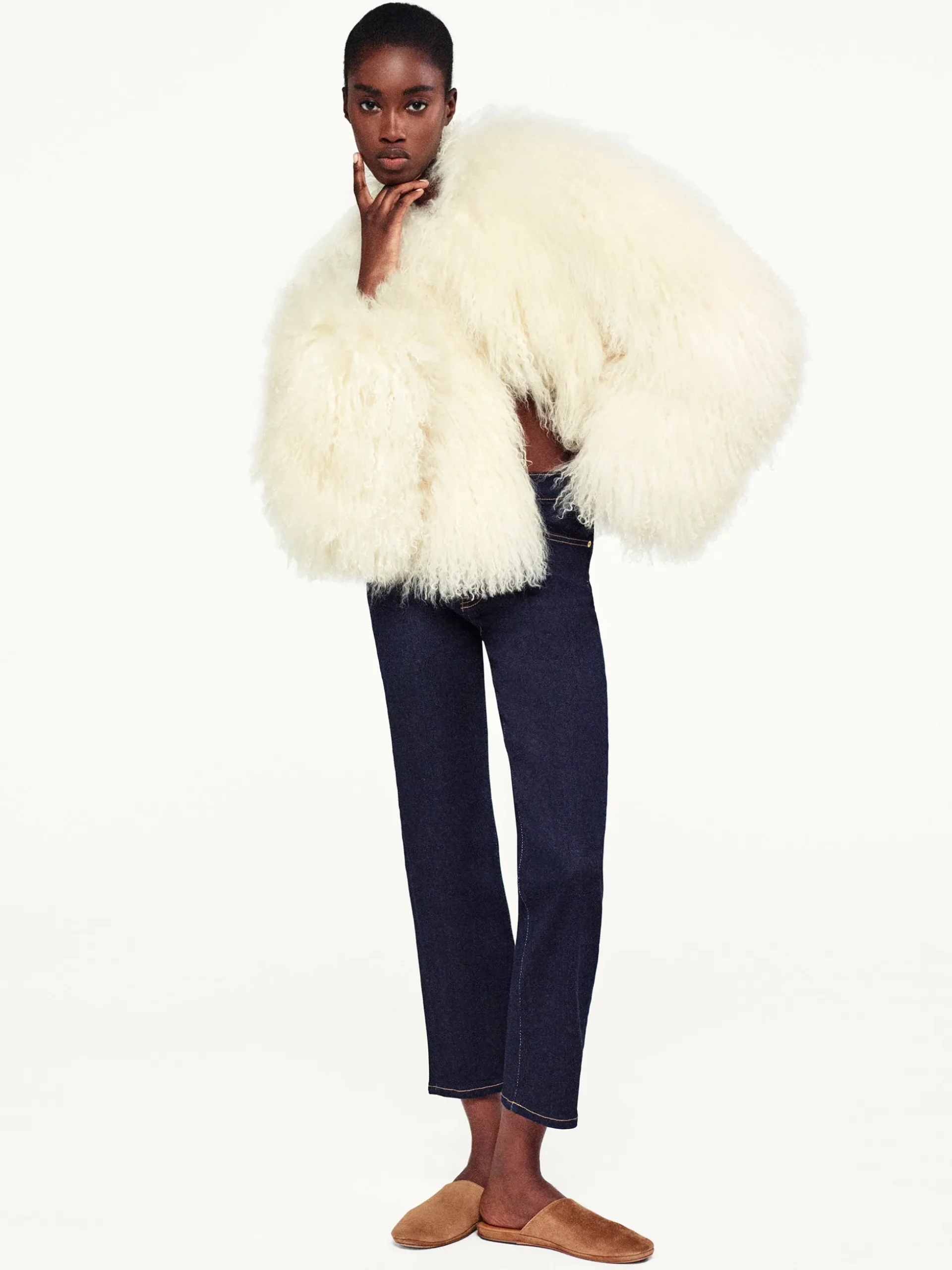 Shaggy Shearling Coat in Cream