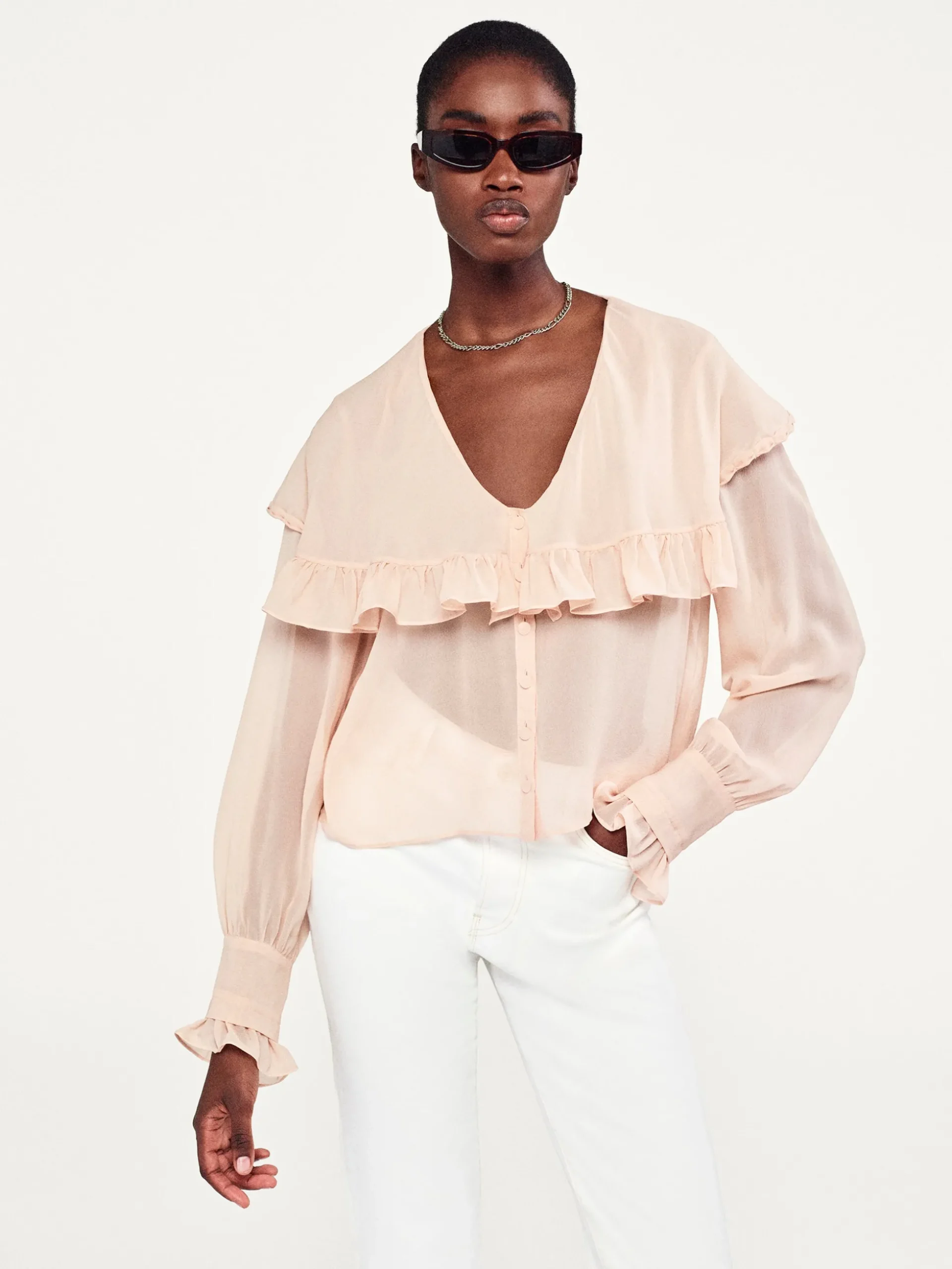 Sheer Ruffle Blouse in Light Petal