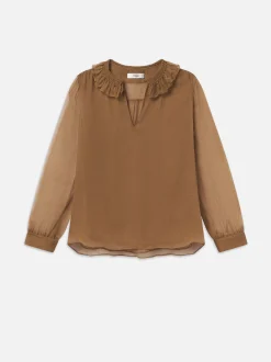 Shirred Ruffle Neck Blouse in Camel