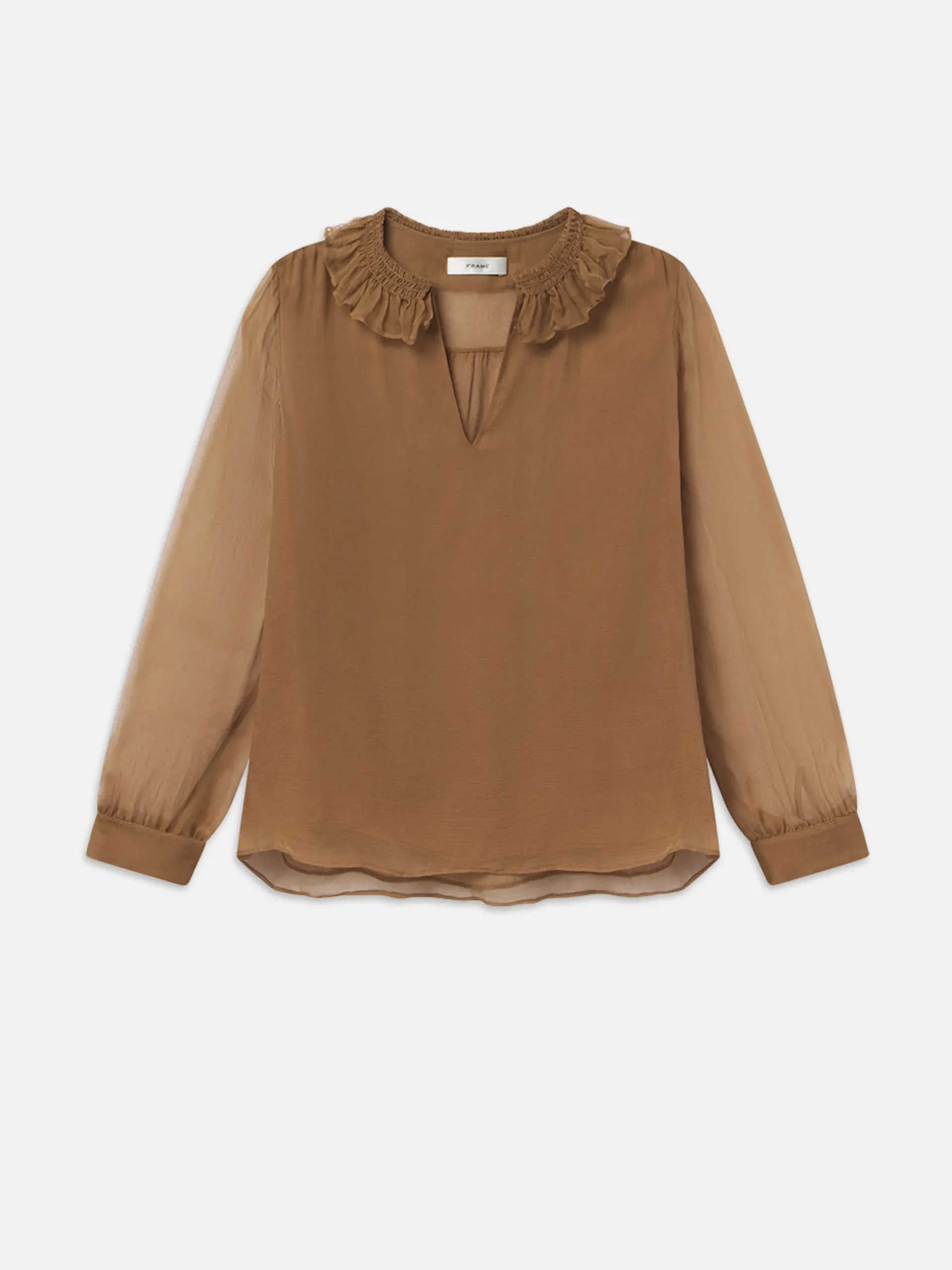 Shirred Ruffle Neck Blouse in Camel