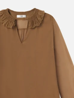 Shirred Ruffle Neck Blouse in Camel