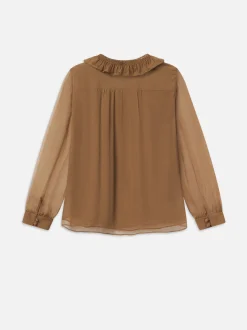 Shirred Ruffle Neck Blouse in Camel