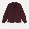 Shirred Tie Front Blouse in Wine